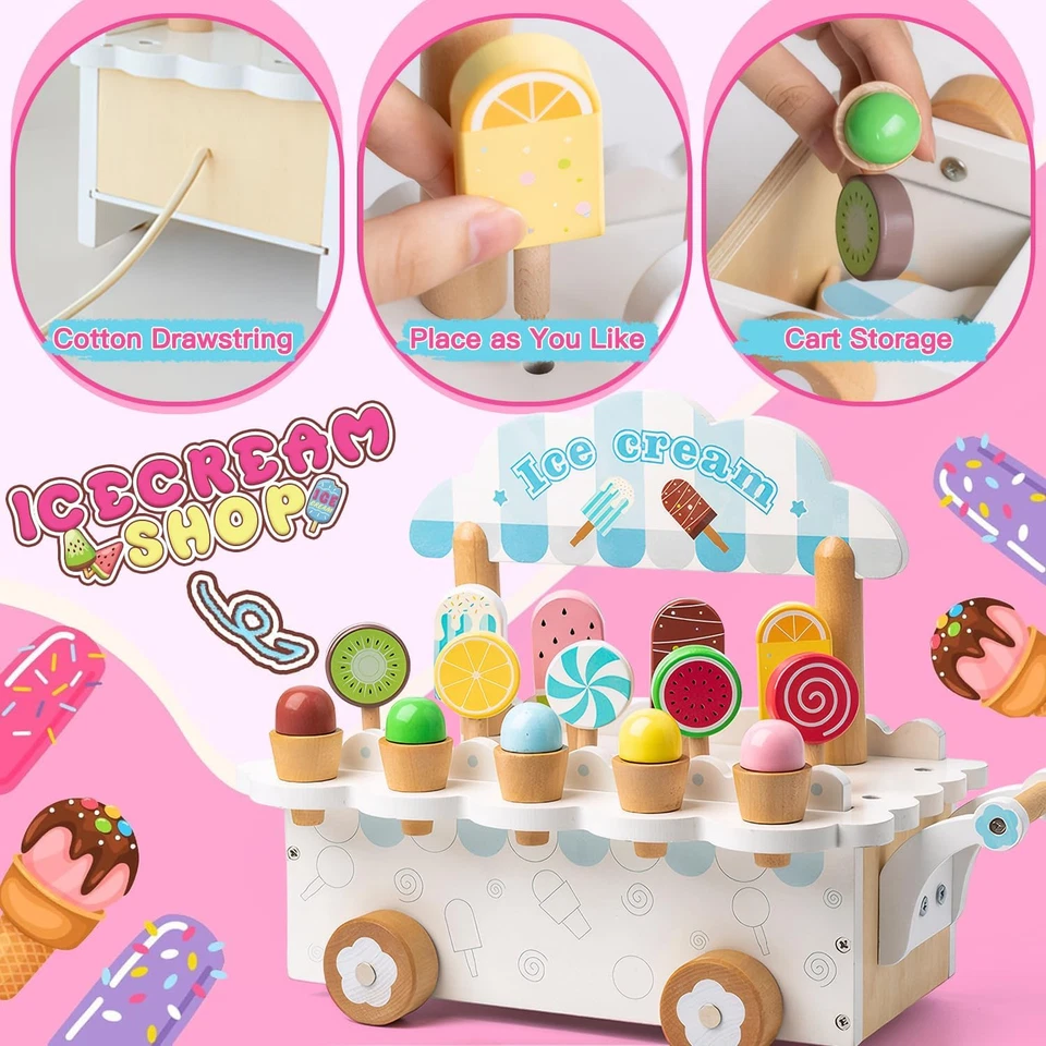 Gelateria Giocattolo per Bambini, Giochi in Legno Carretto Gelati Giocattolo, Ge - Immagine 3 di 4