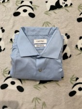 Calvin Klein Men's Button Up Shirt Size 16 32/33 Blue Non Iron Slim Long Sleeve