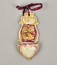 ACQUASANTIERA CERAMICA GUBBIO DIPINTA A MANO ORO E BORDEAUX VINTAGE ARTE SACRA