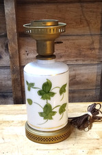 Vintage Milk Glass Lamp Base Hand Painted  Green Leaf Design