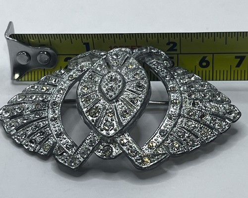 Vtg Large Pot Metal Brooch Art Deco Domed Pave Rhinestones Silver Tone - Picture 8 of 8