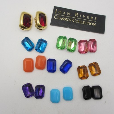 Vtg Joan Rivers Earrings Interchangeable Rectangle 10 Colors Gold Tone Clip Ons