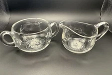 Vintage Etched Flower & Leaves Leaded Glass Sugar Bowl & Creamer Pitcher