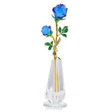 Rose Flower Crystal Figurine with Vase - Bouquet Flowers Ornament Gifts Blue