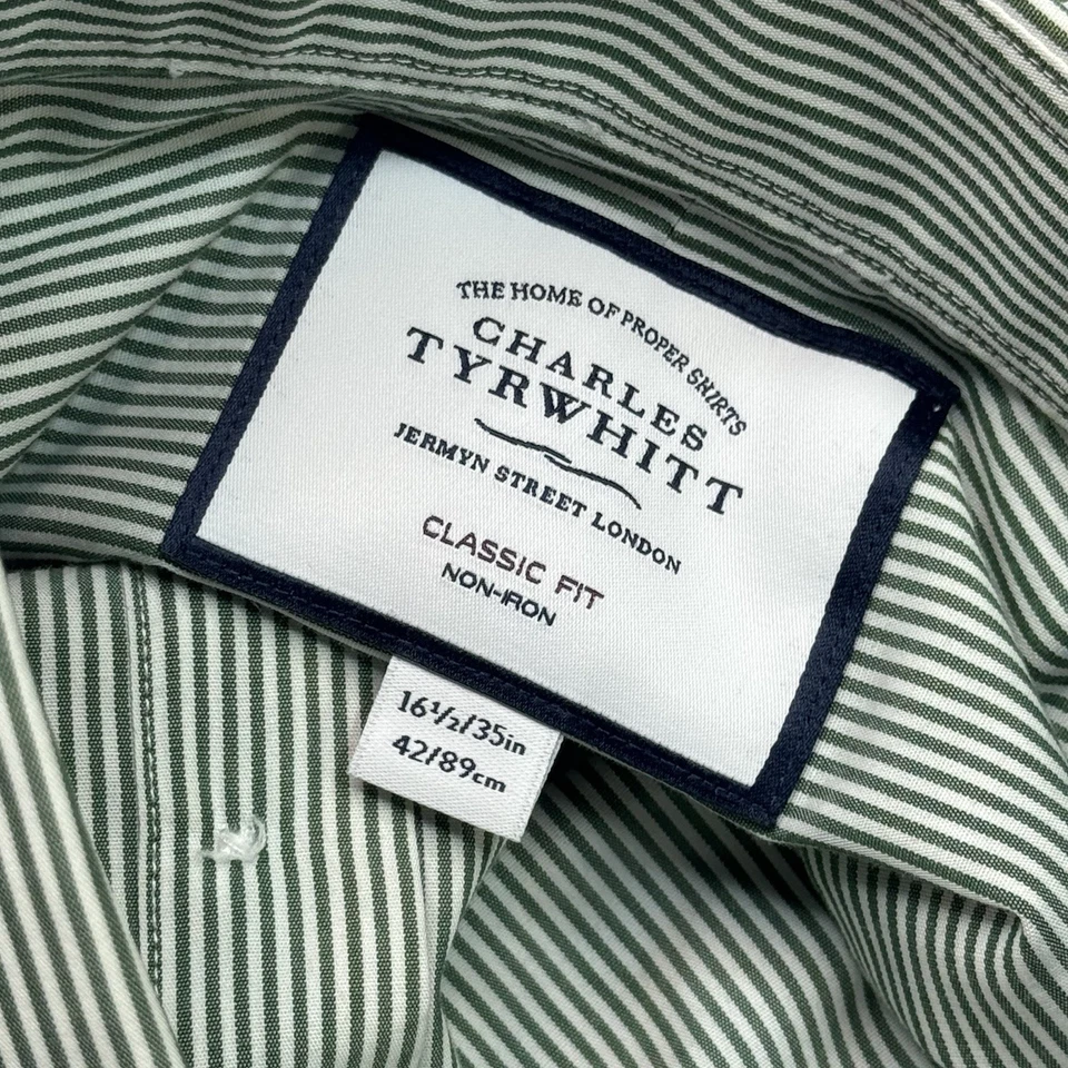Camisa de vestir Charles Tyrwhitt ajustada para hombre 16 1/2 35 verde blanco a rayas Foto 2 de 4