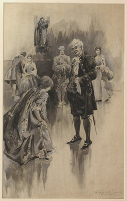um 1900 Warwick EL Original Illustration 18. Jahrhundert Kostüm Frau Curtsying
