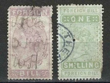 Great Britain GB 1880's QV 9d / 1s Foreign Bill Fiscal Revenue Lot 2 Faults Used