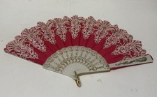 Vintage Spanish Flamenco Folding Hand Fan Pink Gold White Plastic Costume