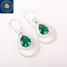 Pear Green Emerald Stone Sterling Silver Party Wear Drop Dangle Earrings Jewelry