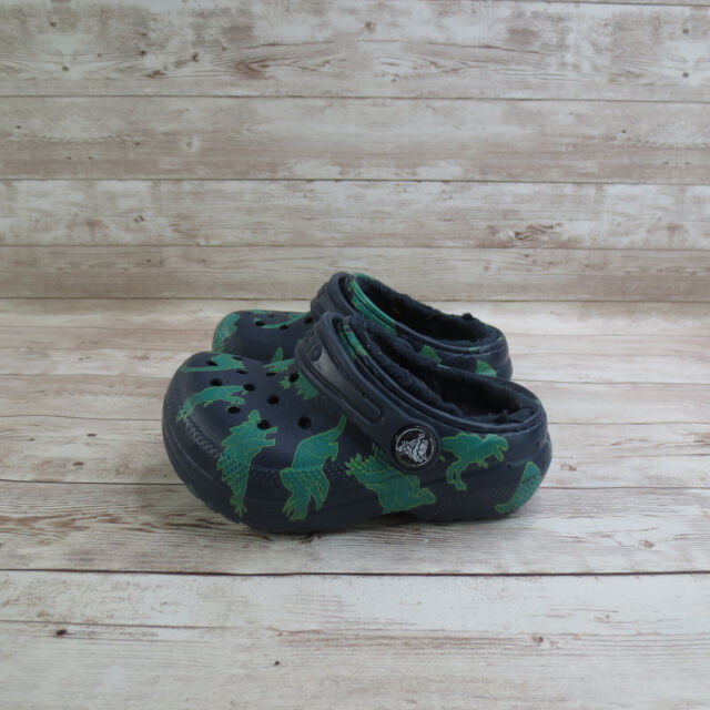 Crocs Dinosaur Faux Fur Lined Toddler 6C Navy Green Shoes Clogs Slip On * Crocs Dinosaur Faux Fur Lined Toddler 6C Navy Green Shoes Clogs Slip On *