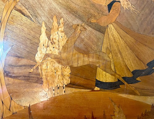 Thick antique handmade carved marquetry wood lady with deer wall art veneer - Picture 8 of 12
