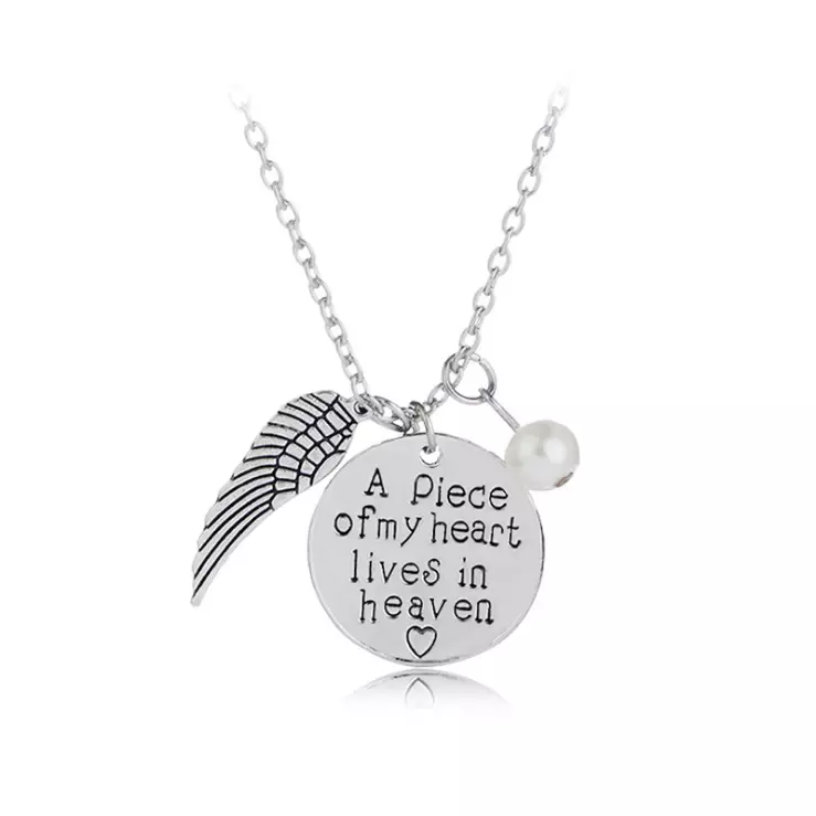 Piece Of My Heart Lives In Heaven Guardian Angel Heart Wing Necklace Pearl Charm