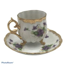 Vintage Footed Tea Cup and Saucer Gold Trim Sweet Violets Ew 8/691 3 Legs