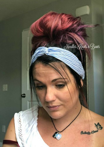 Womens Elastic Pink or Blue Striped Twisted Turban Headband, Yoga, Boho Headband - Picture 9 of 15
