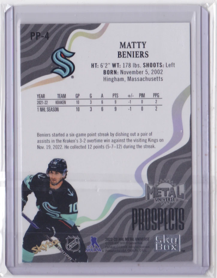 2022-23 NHL METAL UNIVERSE PREMIUM PROSPECTS INSERT MATTY BENIERS #PP-4 KRAKEN - Image 2 of 2