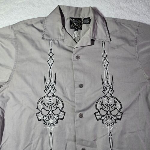 Men's Hard Chrome Gear Embroidered Skull Cross Bones Biker Motorcycle M Gray - Picture 2 of 8