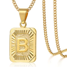 Gold Plated Initial Necklace Letter Pendant Stainless Steel Curb Chain Unisex