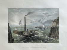 ORIGINAL HAND COLORED STEEL ENGRAVING OF THE FERRY AT BROOKLYN, NEW YORK 1835-50