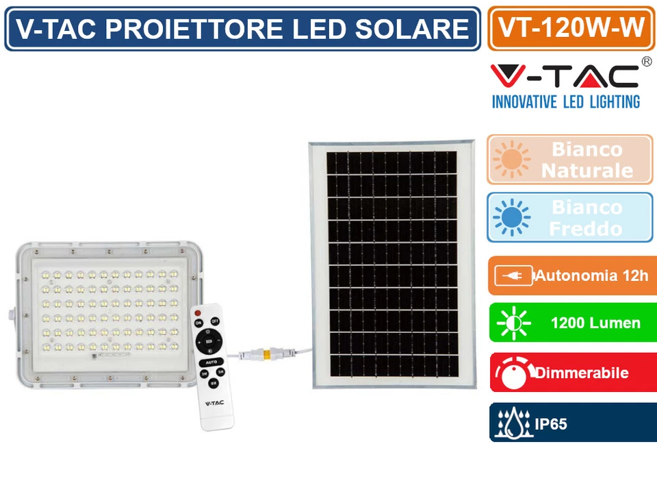 V-TAC VT-120W FARO LED FLOODLIGHT 15W BIANCO PANNELLO SOLARE TELECOMANDO - IP65 - Immagine 2 di 4