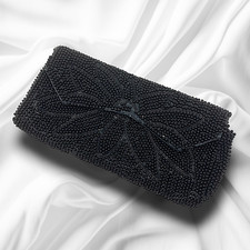 Vintage La Regale Japan Black Beaded Sequin Evening Bag Clutch Floral Pouch READ