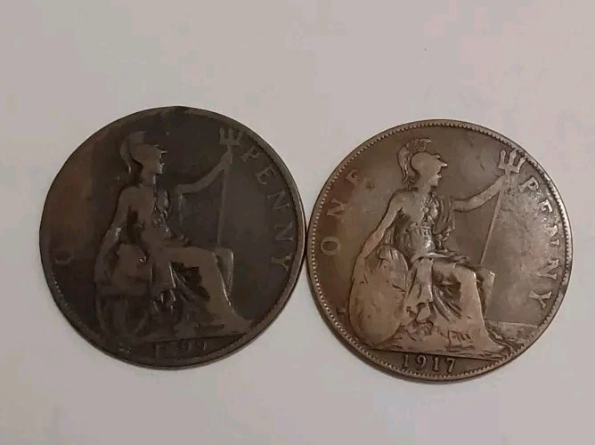 Moedas de bronze grande centavo Reino Unido grupo-1899 e 1917 rainha Vitória/George circuladas 1C - Imagem 3 de 4