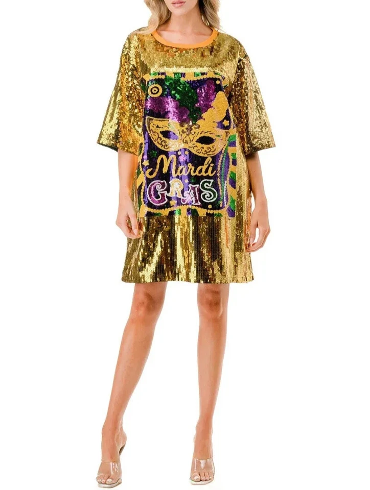 Women's Gold Mardi Gras Sequin Dress - Image 3 of 4