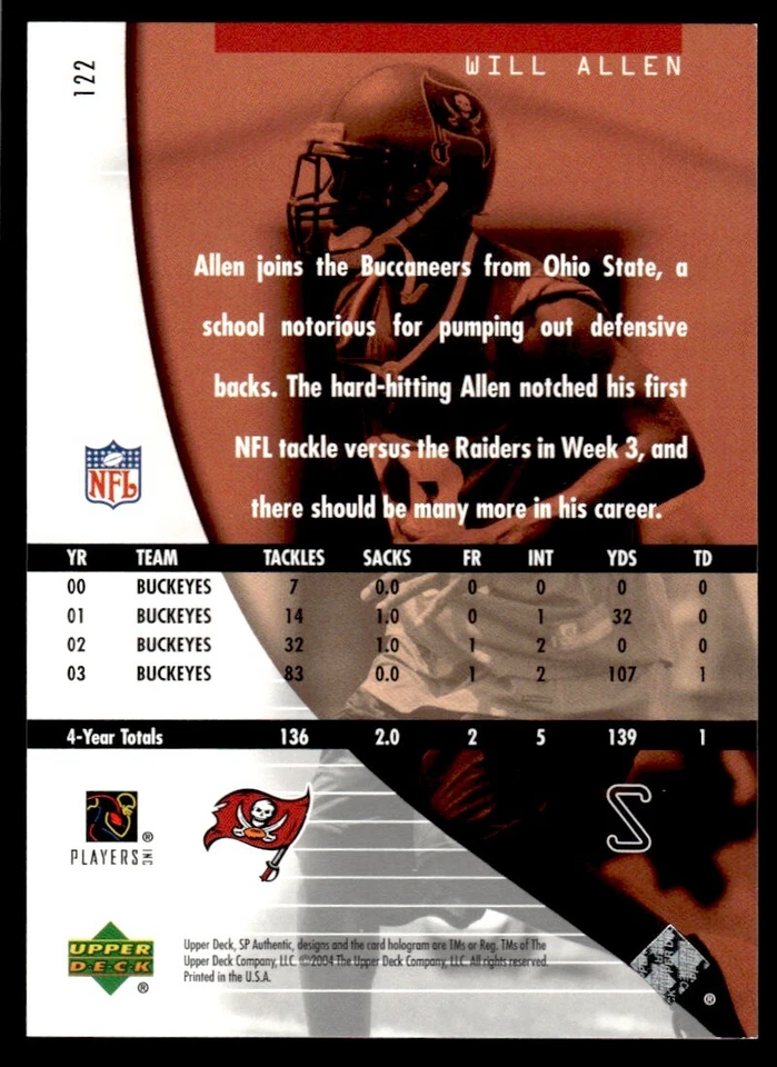 2004 SP Authentic Will Allen Rookie 0742/1199 Tampa Bay Buccaneers #122 R59 - Image 2 of 2