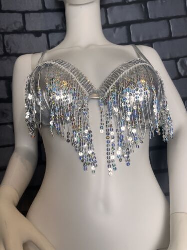 Lencería de lentejuelas plateadas con borlas brillantes ropa de club hipster talla XL sujetador y ropa interior - Imagen 2 de 9