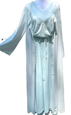 Vtg Long Chiffon Pleat NightGown Shadowline Robe Set Seaglass Blue Lace L XL 40