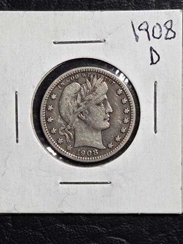 High Grade Full Liberty 1908 D Barber Quarter