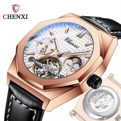 CHENXI Men's Leather Moon Phase Luminous Tourbillon Automatic Mechanical Watch