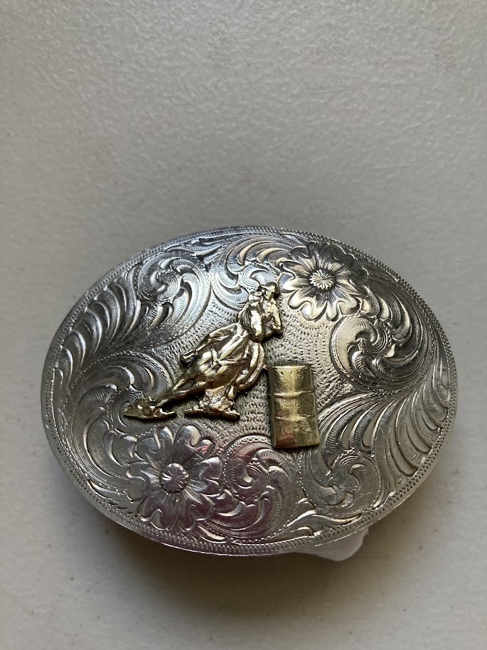 Montana Silversmiths Silver and Gold Barrel Racer Rodeo Belt Buckle Montana Silversmiths Petite Two-Toned Engraved Buckle with  main image 4