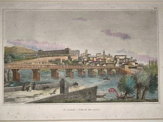 Bellissima veduta acquerellata dell'800 del Reale Castello e Città di Moncalieri