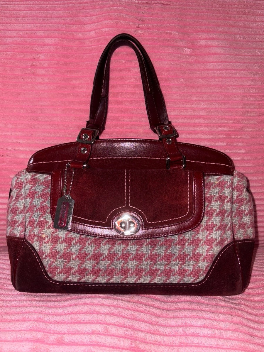 Coach Vintage Houndstooth Tweed Pink Bordeaux Wool Leather Satchel
