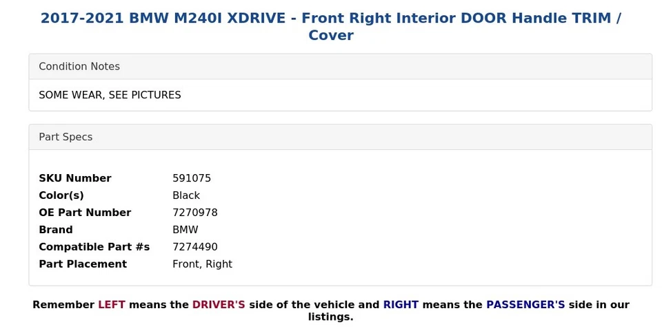 BMW M240I XDRIVE 2017-2021 - Manija de puerta interior delantera derecha moldura/cubierta Foto 4 de 4