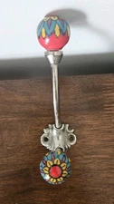 Boho Metal Double Hook w/  Red Yellow Blue Ceramic Knob Coat Towel Hanger 5”