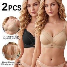 2 Pack Women Wireless Full Coverage Bra V Neck Cutout Back Hook Eye Support
