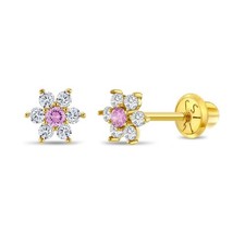 14k Yellow Gold Colorful Cubic Zirconia Flower Studs - Screw Back Earrings fo...