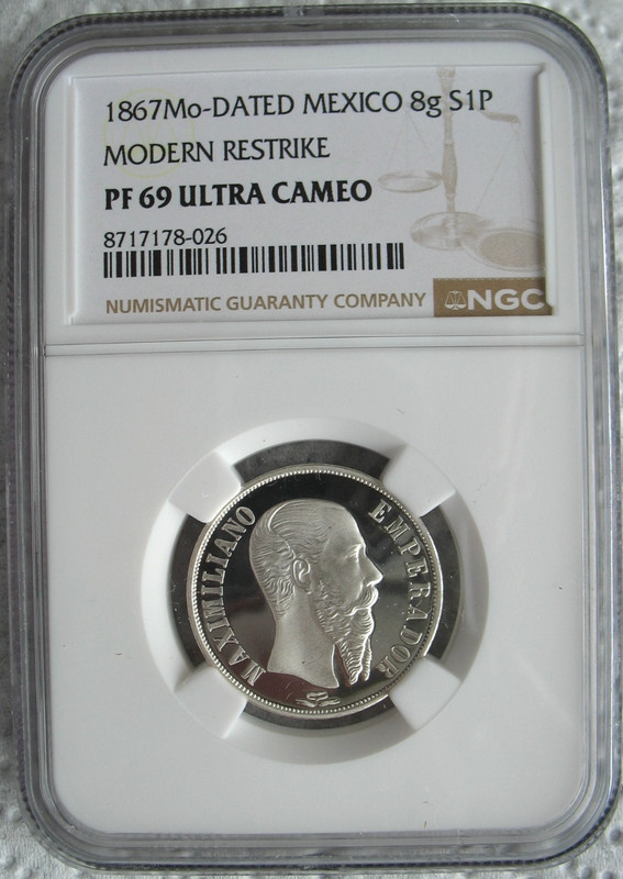 1867 Mo Mexico Maximiliano Modern Restrike 8g Silver Peso NGC PF-69 Ult. Cameo 