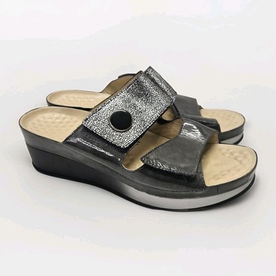 VITAL 1662 Wedge Slip On Leather Sandal  Austria Size EU 41- US 10 Silver Black 