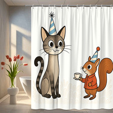 Cute Cat and Squirrel Shower Curtain for Kids Room