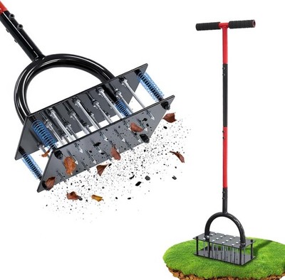 Lawn Aerator Tool, 16 Iron Spikes Manual Grass Aerator Lawn Tool with Spring-Loa
