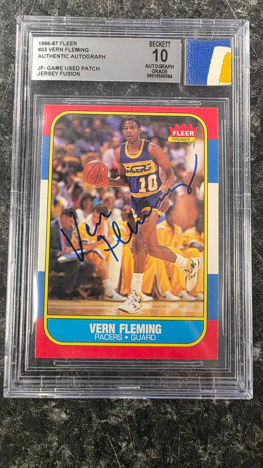 1986 87 FLEER VERN FLEMING GAME USED 3 COLOR PATCH AUTO PACERS BECKETT 10 view 1