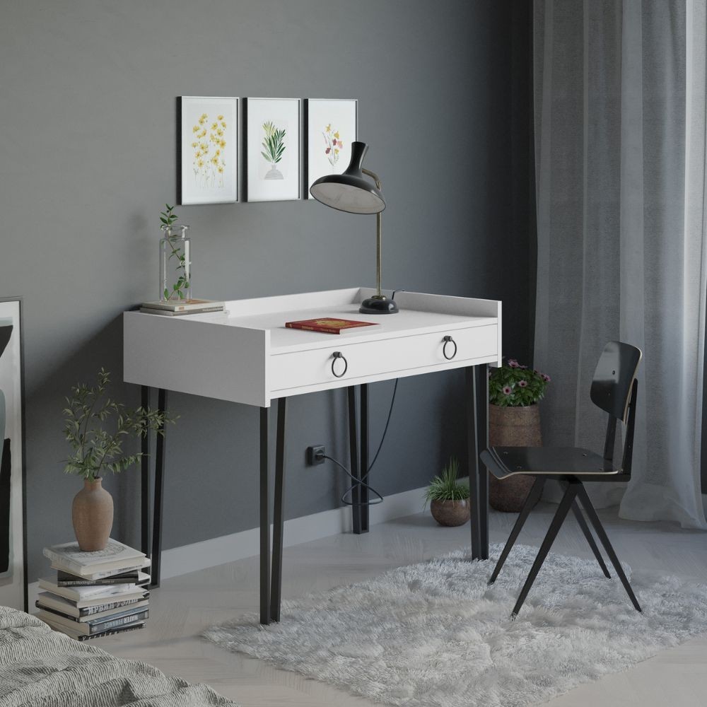 Veriaffari.it Bianca/Nero Scrivania Con Gambe In Metallo E Cassetto Sponge 100X62x81,5 - Immagine 3