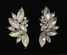 Silvertone rhinestone cluster stud earrings Crystal Cresent Climber Wedding Glam