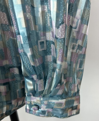 Vintage 90s Secretary Blouse M Boxy Fit Sheer Satin Stripe Jacquard Teal Blue - Picture 8 of 12