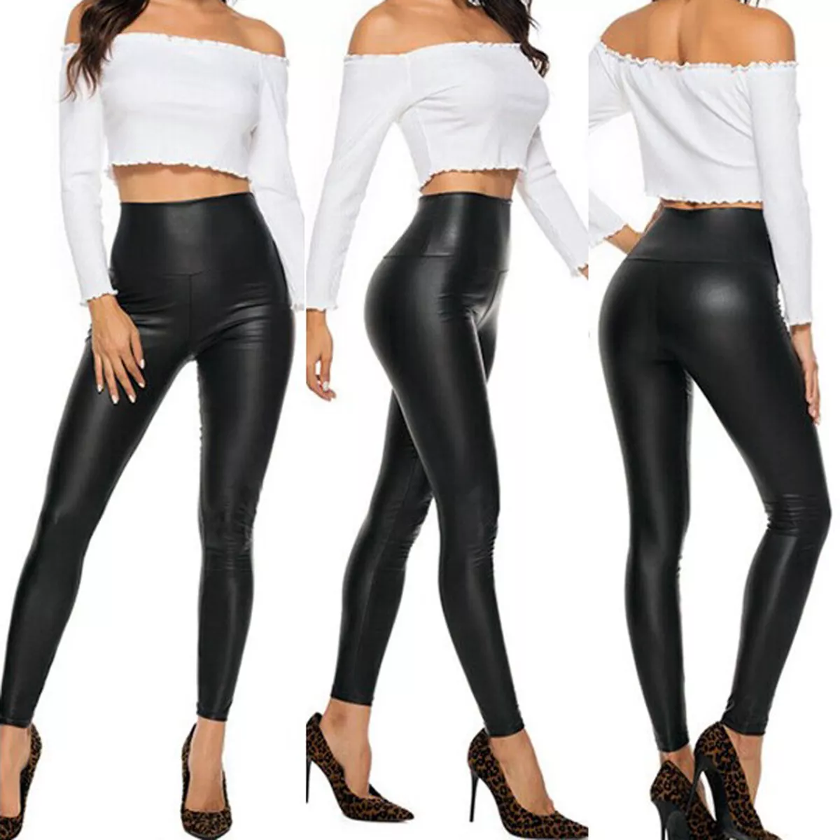 Women Hot Sexy Black Wet Look Faux Leather Leggings Slim Shiny