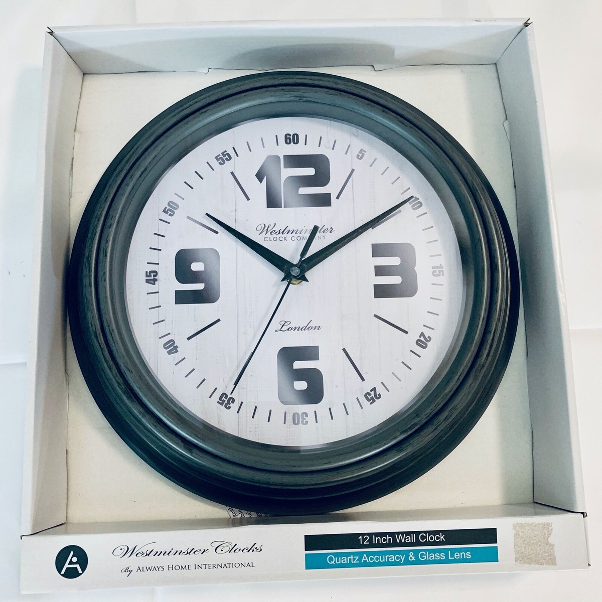 Westminster 12 inch Black Wall Clock Quartz Accuracy & Glass Lens