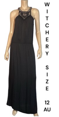  WITCHERY SIZE 12 BLACK CREPE BLOUSON STYLE LONG DRESS WITH EMBELLISH NECKLINE