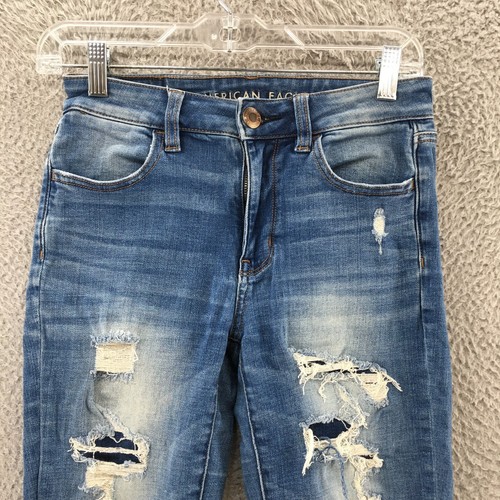 American Eagle Super Stretch Jegging Jeans Womens 2 Blue Denim Distressed Button - Picture 2 of 17